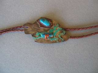   silver bolo tie bezel set turquoise stone with raised frog and beads