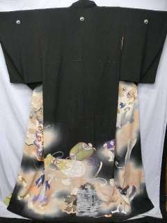 GEISHAs TAISHO ROMAN Antique! Susohiki Kimono w/Crests A896  