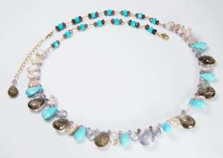 Smoky Quartz Amethyst Turquoise Biwa Pearl Necklace  