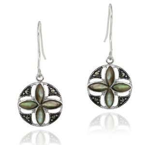   : Sterling Silver Abalone & Marcasite Flower Dangle Earrings: Jewelry