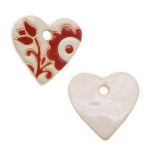 : Golem Design Studio Glazed Ceramic Heart Pendant Red Flowers 24mm x 