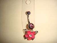 DANGLING PINK FLOWER WITH BUTTERFLY NAVEL/BELLY RING  