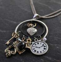 Clock Face Circle Pendant Necklace Charms Key Hourglass Heart Star 