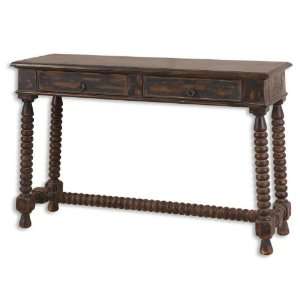  Rustic Walnut Stained Console Table with Turned Legs: Home 