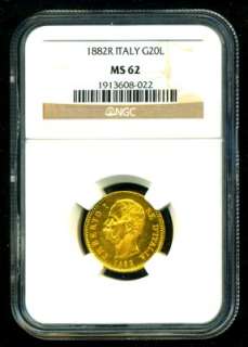 1882 R ITALY GOLD COIN 20 LIRE * NGC CERTIFIED GENUINE & GRADED MS 62 