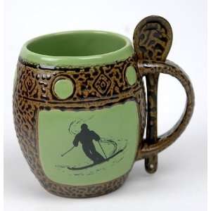  Ceramic Pottery Mug with Green Skier and Spoon: Kitchen 