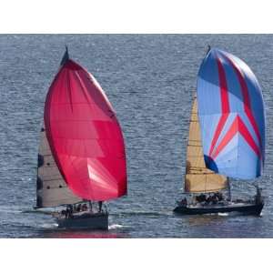  Sailboats Flying Spinnakers Near a Race Finish Line 