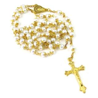 Catholic Rosary Rosario Jesus Cross Gold Glass Round Bead Necklace 
