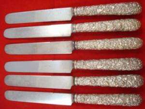 Set of 6 Repousse by Kirk Sterling Hand Cast Knives OLD  