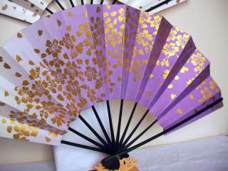 Japanese Kimono Cherry Blossom Violet Hand Fan Gold tone Sakura Geisha 