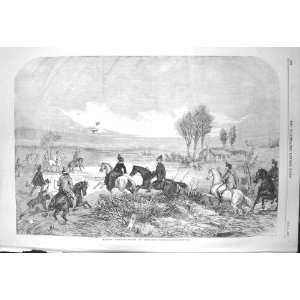  1856 VIEW MAGPIE HAWKING HORSES BIRDS SPORT OLD PRINT 