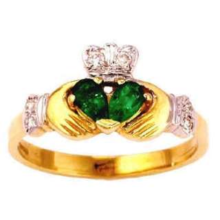 14k Yellow Gold Claddagh Emerald Diamond Claddagh Ring  