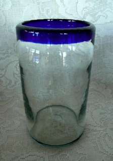 Hand Blown Cobalt Blue Glass Trim Tumbler  Rough Pontil  