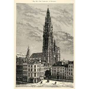  1882 Steel Engraving Antwerp Cathedral Belgium Tower 