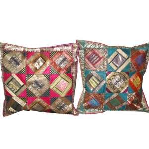  Home Decor  2 Deep Pink Blue Sari Zari Borders Toss Pillow 