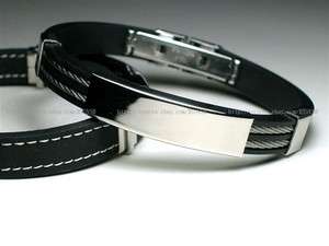 Mens Black Stainless Steel Rubber Bracelets Bangles  