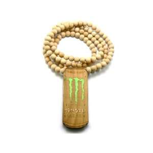 Natural Wooden Monster Can Logo Pendant with a 36 Inch Beaded Necklace 