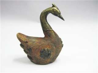 ANTIQUE DUCK , BRASS / WOOD PAINTED . DECORATED MINIATURE  