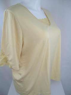 Susan Graver Butterknit Elbow Sleeve V Neck Top w/Lace Inset Yellow 1X 
