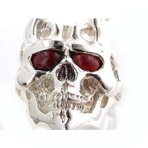Hand Carved Heavy Solid 925 Silver Horned Skull Biker Ring with Garnet 