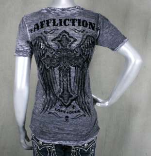 AFFLICTION womens T shirt MEDIAN Charcoal burnout wash flocked AW5247 
