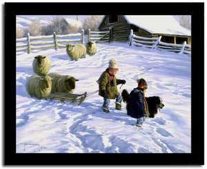 Sledding Party Snow Sheep Robert Duncan Print Framed  