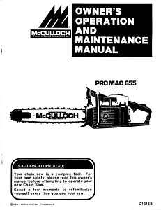 McCulloch Pro Mac 655 Chain Saw Owners Manual w/Parts l  