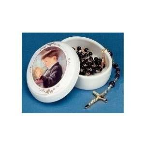  Communion Porcelain Rosary Box w/Black Rosary Jewelry
