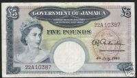 JAMAICA 5 POUNDS P48 1960 QUEEN FACTORY RARE BANK NOTE  