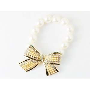  Man Made Pearl Beads Silver Toned Ribbon Bow Clear Crystal 