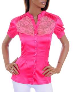 New Womens Satin Shirt Blouse Top w Lace Fuchsia S M L  