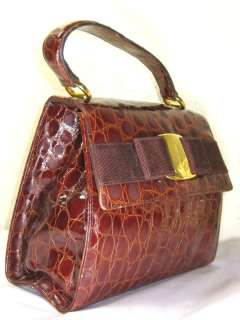   Ferragamo Croc Embossed Brown Leather Kelly Hand Shoulder Bag w/ BELT