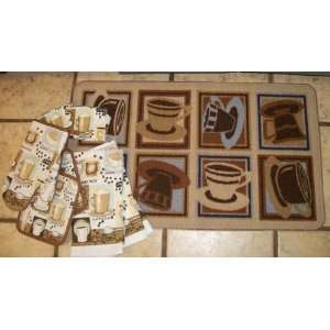  Coffee Print Kitchen Rug with 7 Piece set Of Matching Dish 