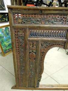 VERY LARGE, VERY OLD HAND CARVED AND PAINTED ORIENTAL WOOD MIRROR 