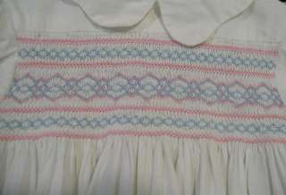 Vintage baby girls white cotton dress with elastic gathered bodice in 