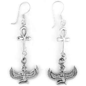    Egyptian Jewelry Silver Winged Isis & Ankh Earrings Jewelry