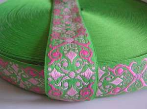 Woven Jacquard Scroll Ribbon Belts Pink and Green 1.5 in 3 Yards 