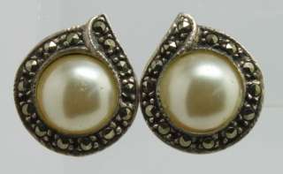 Faux Mabe Pearl & Marcasite Sterling Silver Pierced Button Earrings 