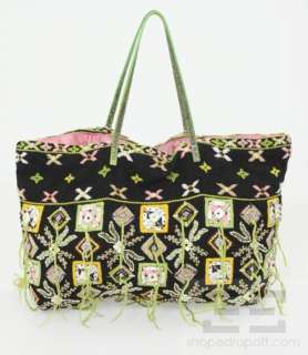   Green Multicolor Embroidered & Beaded Lizard Skin Trim Tote Bag  