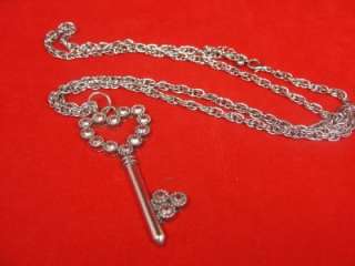   Dark Silver 2.5 Heart Skeleton Key Necklace 30 Chain Diamante  