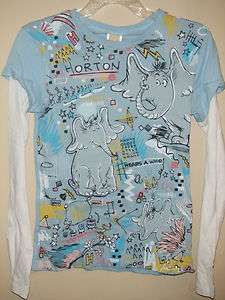 Dr. Seuss Blue Horton Classic Drawings Long Sleeve T shirt Sizes Small 