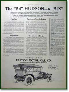 1912 Hudson 54 Six automobile vintage print AD  