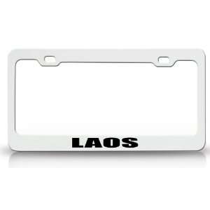 LAOS Country Steel Auto License Plate Frame Tag Holder White/Black
