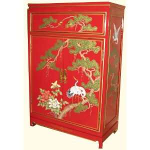  36 inches high Oriental cabinet hand painted Cranes on red 
