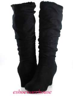 Black Faux Suede Cuffed Below n Knee High Mid Wedge Slouch Boots Round 