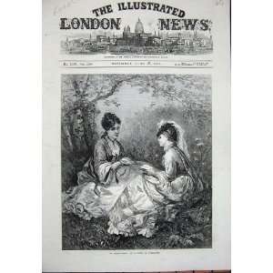  1874 Country Scene Young Women Reading Trees Flowers