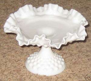 Fluted White Pedestal Milk Glass Hobnail Bowl   Vintage  