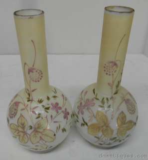 Antique Victorian Pair Bristol Vases Decorative Handpainted Enamelled 