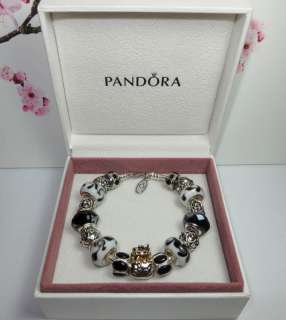 Authentic Pandora Bracelet Black & White Elegance w/ 17 Beads/Charms 