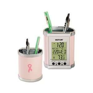  Plastic Pencil Cup with LCD Display, 3 1/2 x 3 x 4, Pink 